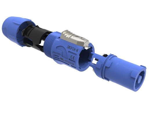 Penggunaan dalam ruangan IP44 Triple Core Male Powercon Connector 3 Pin Audio Video Input Port Lockable Speakon Plug 20A 250V AC Biru